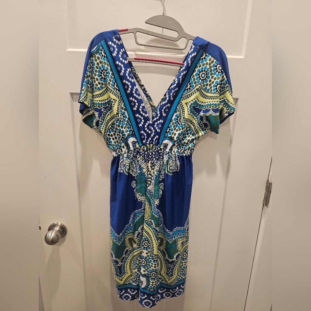 Maurices Blue Green Geometric Paisley Print Stretch Dress Small Short Sleeve